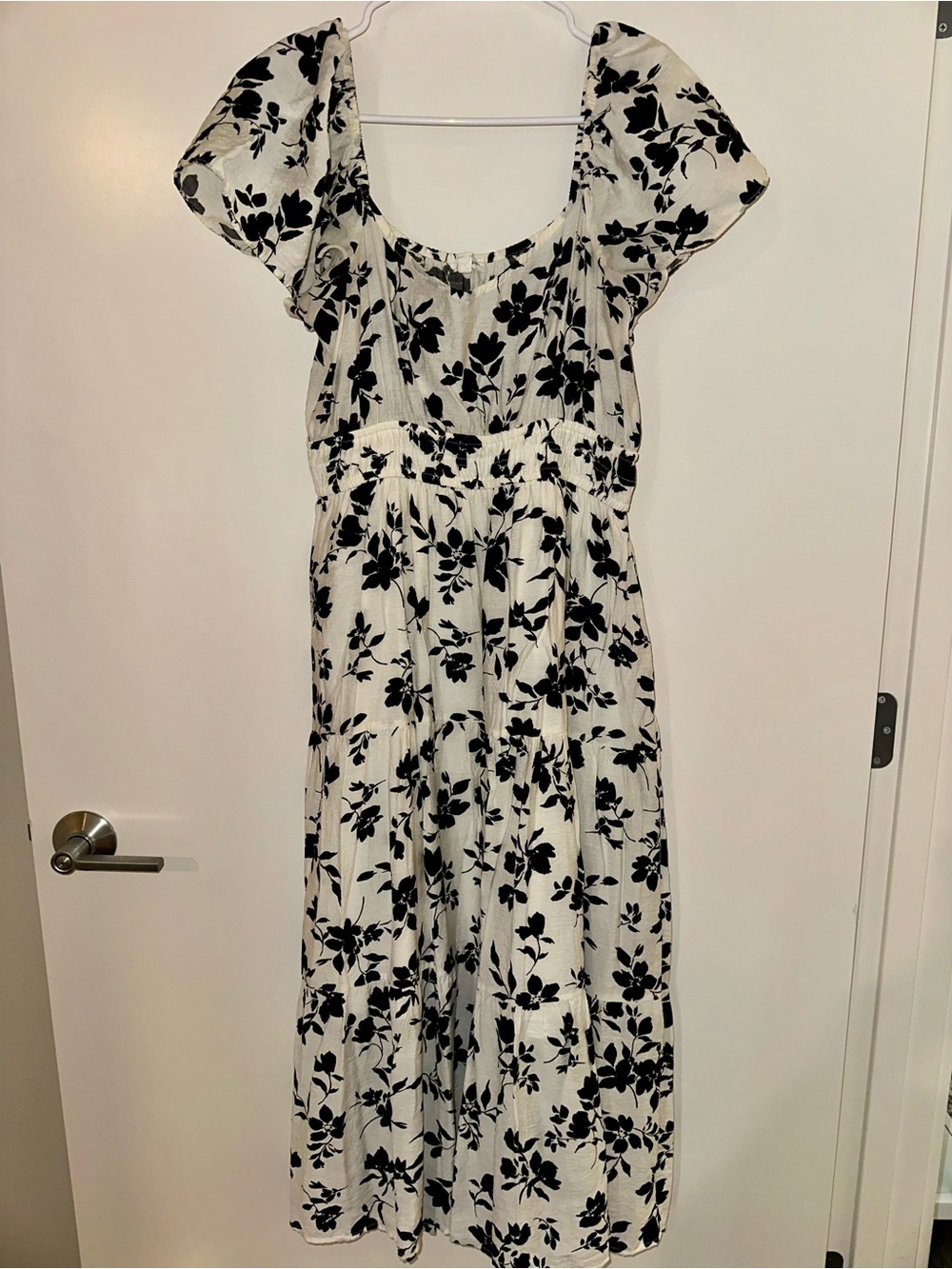 Black & White Floral Midi Dress - Scoop Neck